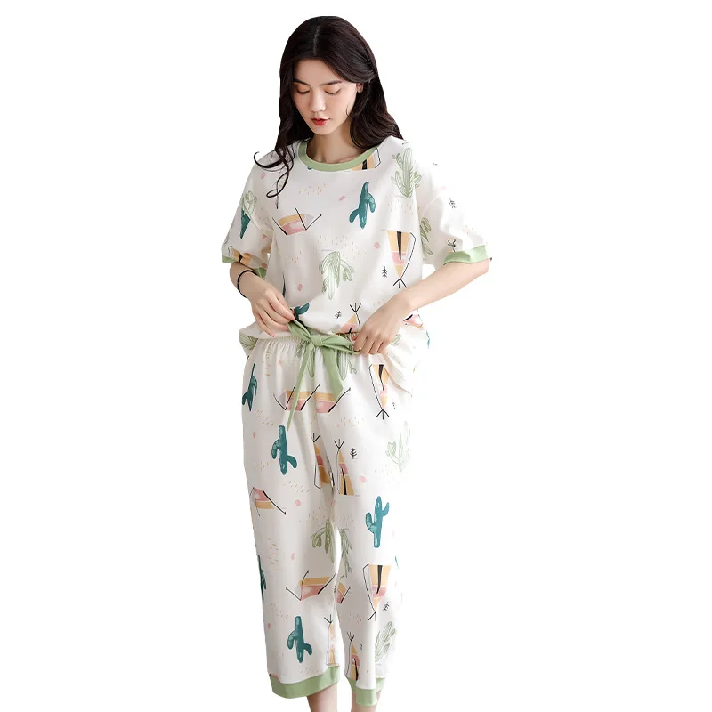 

Women Summer New 2PCS Print Pajamas Set Casual Cotton Nightwear O-Neck Top&Calf-Length Pants Home Wear Loose Sleepwear M-XXXL