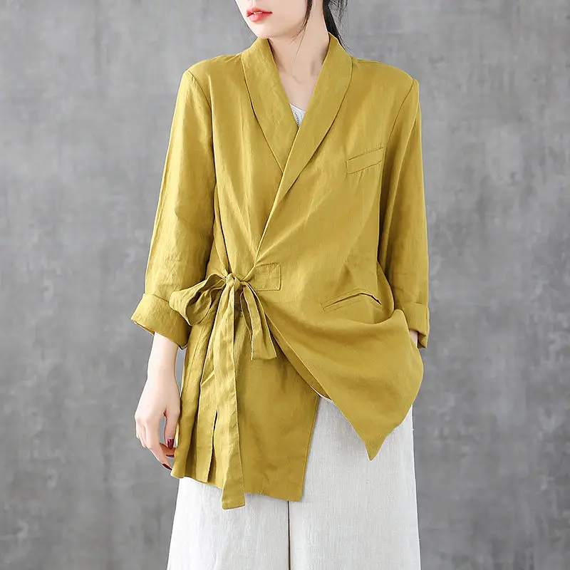 Женский жакет из хлопка и льна свободный блейзер с длинным рукавом шнуровкой в