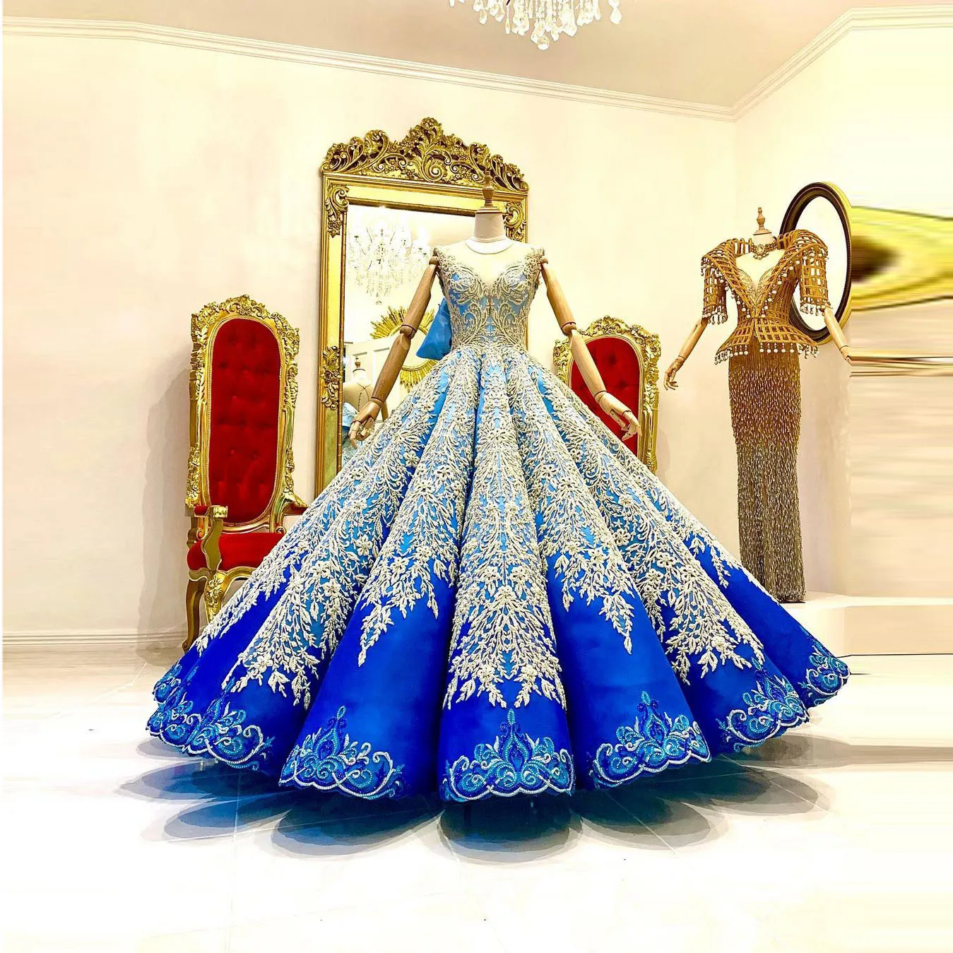 

Blue Elegant Exquisite Moroccan Caftan A-Line Floor Length Evening Dress Ruffle Saudi Arabia Dubai Applique Prom Dress Plus Size