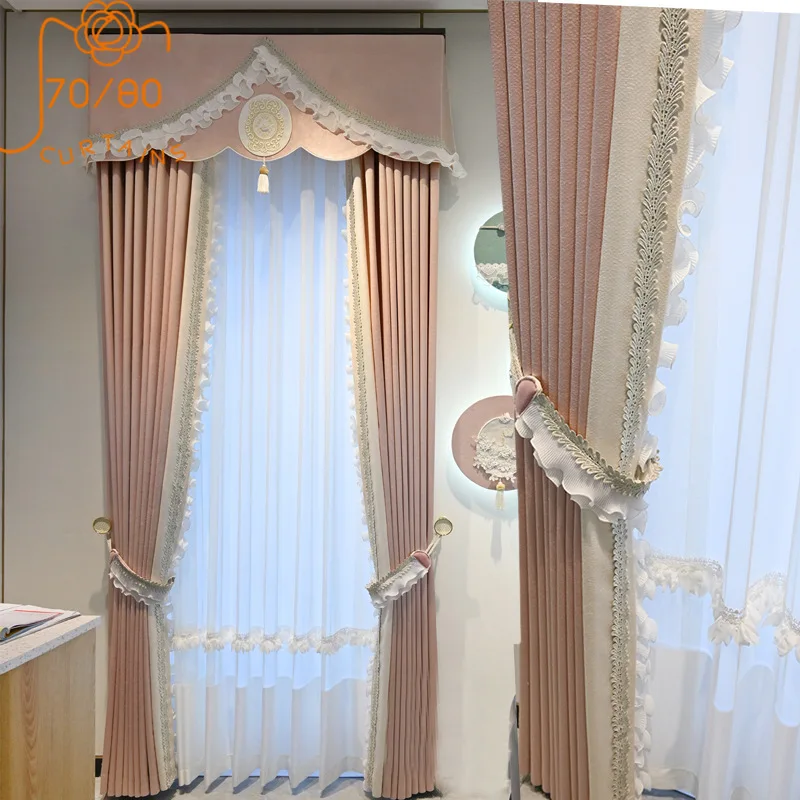 French Romantic Pink Lace Stitching Blackout Curtains for Living Room and Bedroom Customized Products Valance