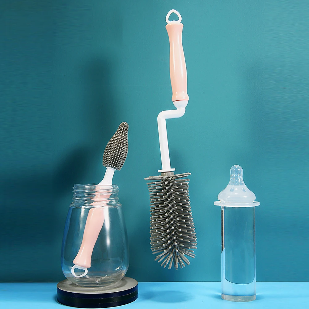 

3pcs Baby Bottle Cleaning Brush Set Rotary Handle Bottle Washing Nipple Cleaner Soft Silicone Scrubbing Feeding Bottle Brush