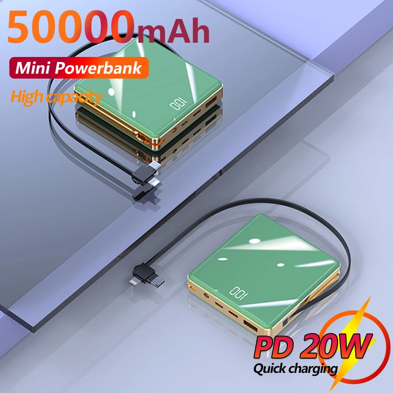 

Power Bank 50000mAh Pocket Power Bank Polished LCD Surface, Smart LED Digital Display Fast Charger Built-in Charging Cable