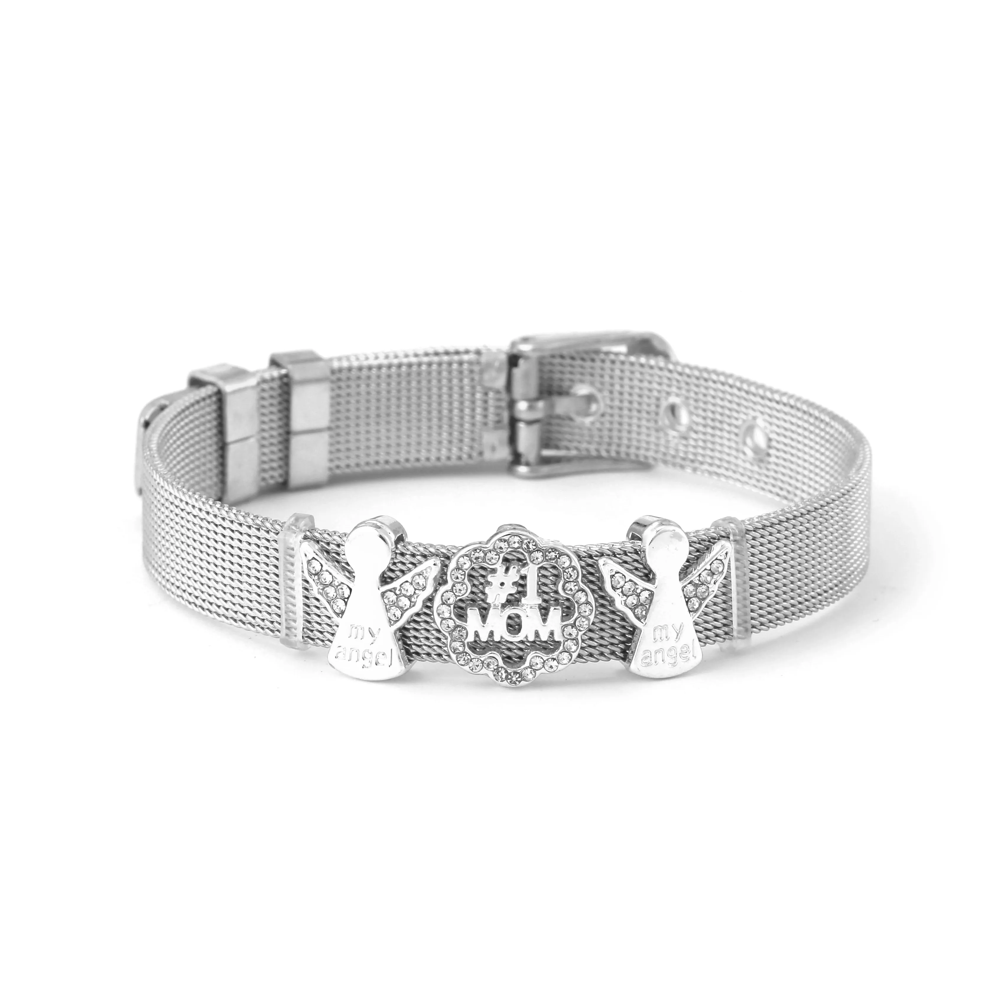 

Buipoey 10mm Lucky Angel Beaded Heart Charm Fit Mesh Bracelets For Women Silver Color #1 MOM Shiny Butterfly Jewelry Accessories