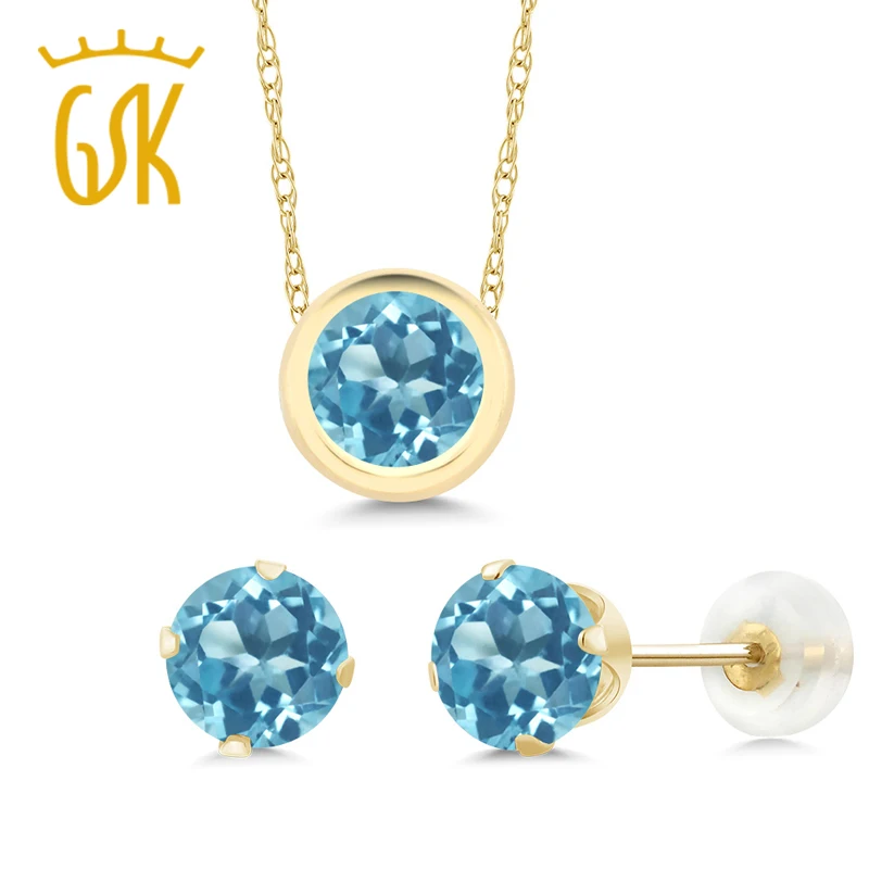 GemStoneKing 2 70 Ct Круглый натуральный голубой топаз набор украшений для женщин 14K