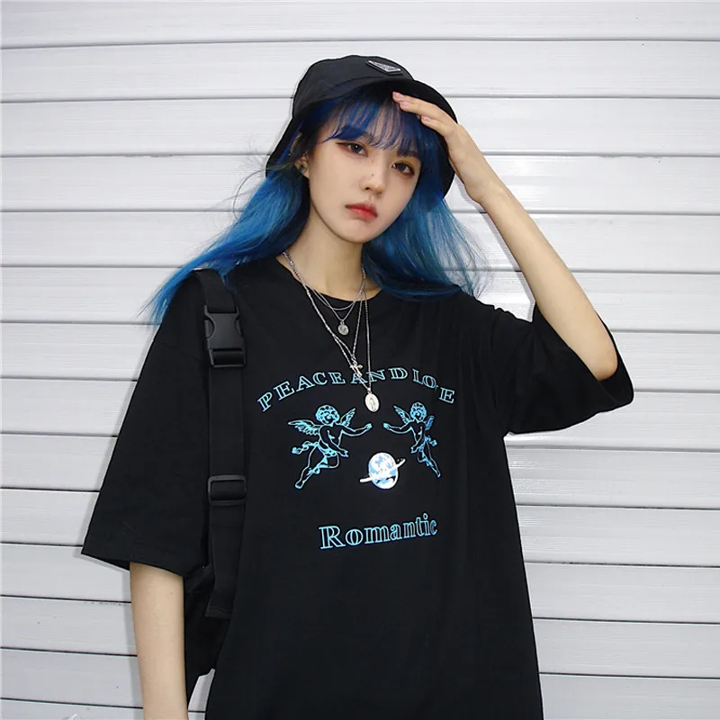 Lychee Harajuku, женские футболки с круглым вырезом и коротким рукавом, черная Свободная Женская летняя футболка с надписью Angel, женская футболка
