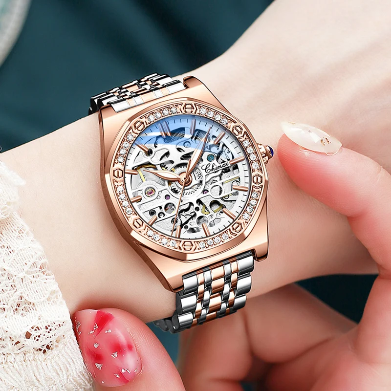 

CHENXI Fashion Women Watch Hollow Mechanical Wristwatch Watches for Women Auto Rose Gold Luminous Stainless Leather Reloj Mujer