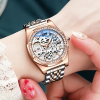 chenxi fashion women watch hollow mechanical wristwatch watches for women auto rose gold luminous stainless leather reloj mujer