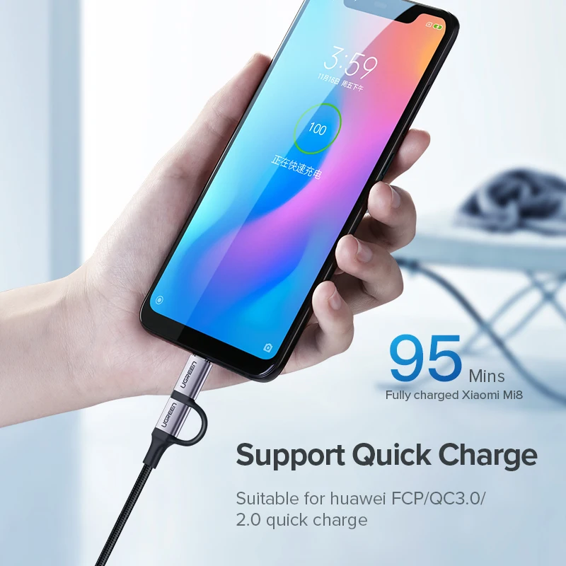 Ugreen usb type-C кабель для samsung Galaxy S10 S9 2 в 1 быстрый Micro USB кабель для зарядки и передачи данных мобильный телефон USB зарядное устройство Шнур