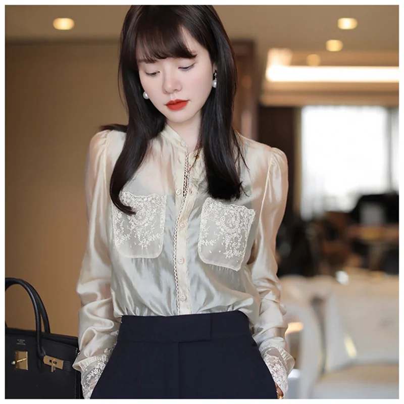 

Women Elegant Lace Splicing Stand Collar Hollow Out Blouses Lady Chic Fashion Mercerizing Shirts Female Plus Size Tops Blusas