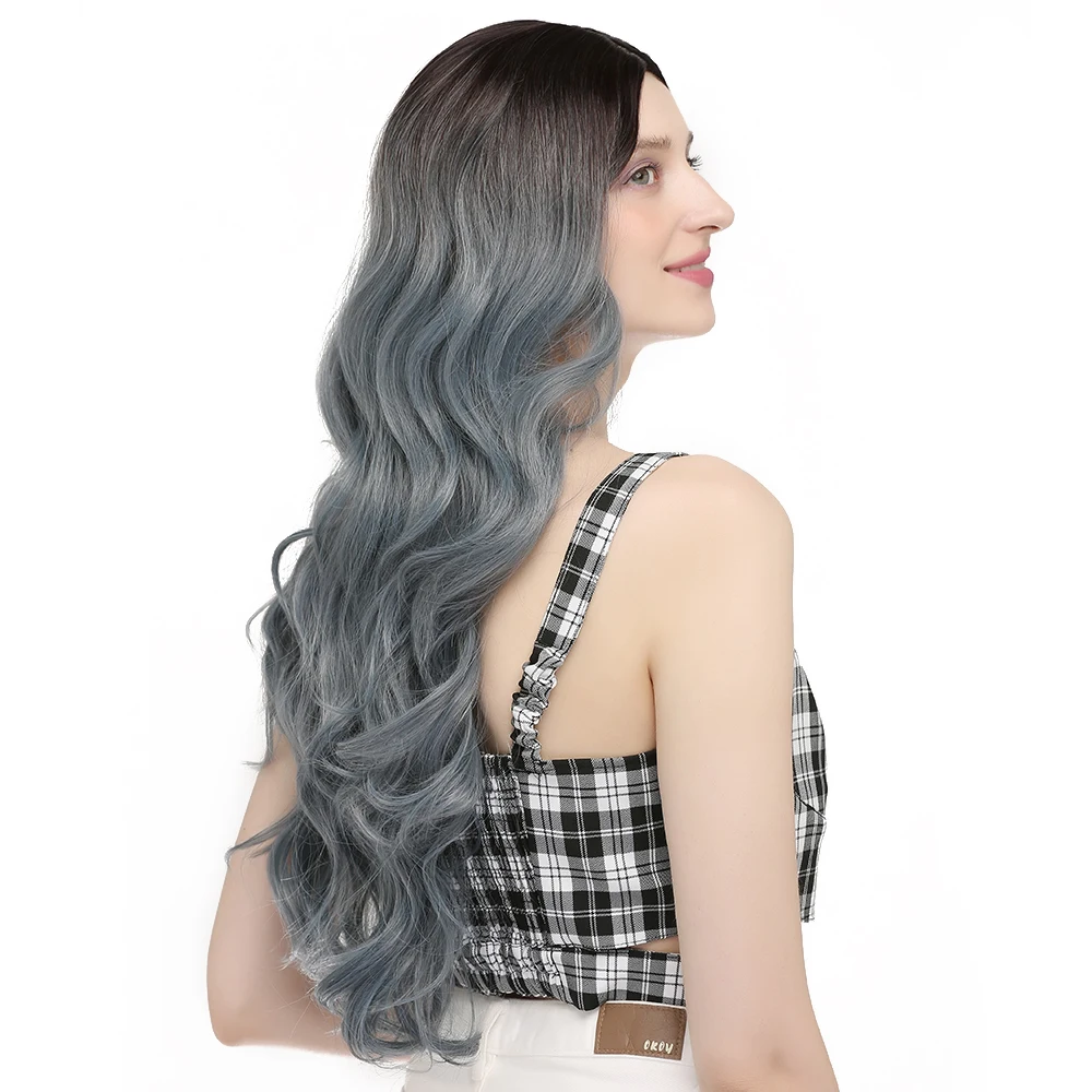 Синтетические синие парики для женщин длинные волнистые волосы с черными