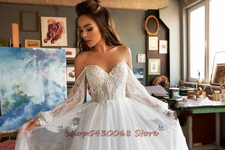 

2020 New Elegant Bohemia Lace Wedding Dress Beach Long Sleeve Boho Wedding Gowns simple Off the Shoulder robe de mariee
