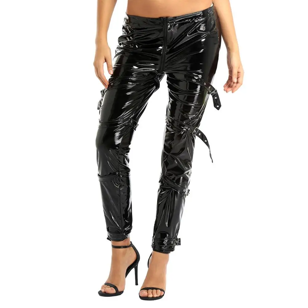 

Womens Wet Look Patent Leather High Waist Zippered Crotch Buckles Decoration Pants Skinny Stretchy Legging Trousers Clubwear