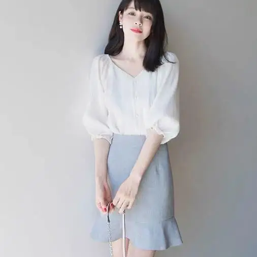 New 2020 Spring Summer Women Clothing Sweet Sets Female Button Shirts And Mermaid Skirt Suit Girls Slim Two Piece Set AE911 | Женская