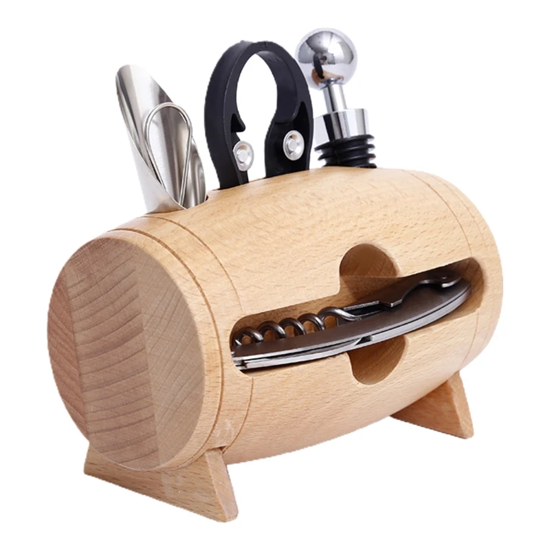 

4 in 1 Wine Bottle Opener Set with Wooden Swing Stand Stainless Steel Seahorse Knife Practical Handhold Corkscrew Kit