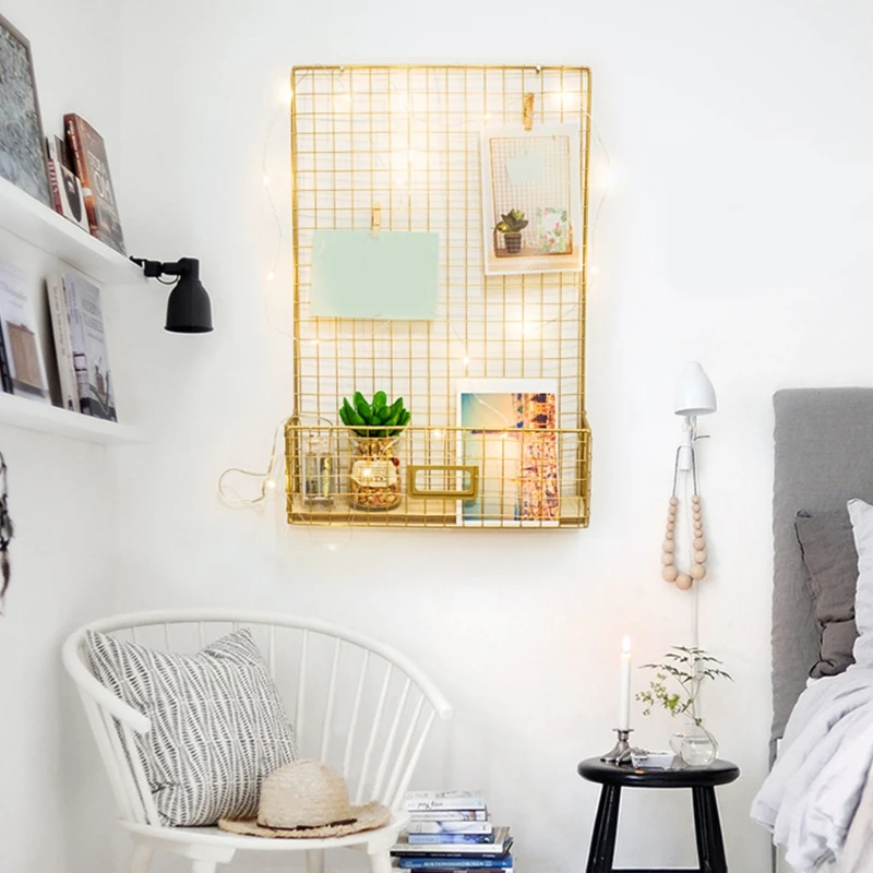 wall mounted photo display frame iron mesh grid wire board hanging storage rack memo picture panel shelf metal lattice golden free global shipping