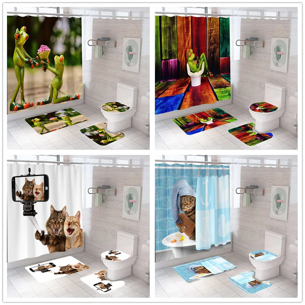 Забавная занавеска для душа в виде кошки-лягушки коврик и чехол 4 шт. комплекте