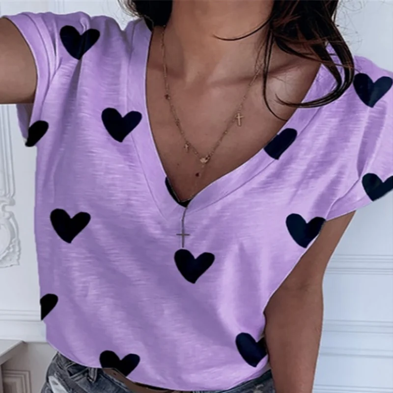 

Heart-shaped Print V-Neck Women's T-shirts Summer Short Sleeve Ladies T-shirt 2021 New Fashion All Match Casual Female Tops