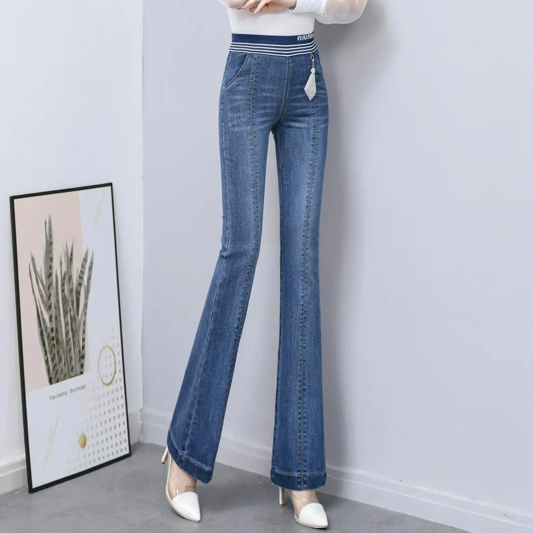 

Elastic waist cowboy pants of bootleg female spring new show thin trousers straight flares joker leisure trousers