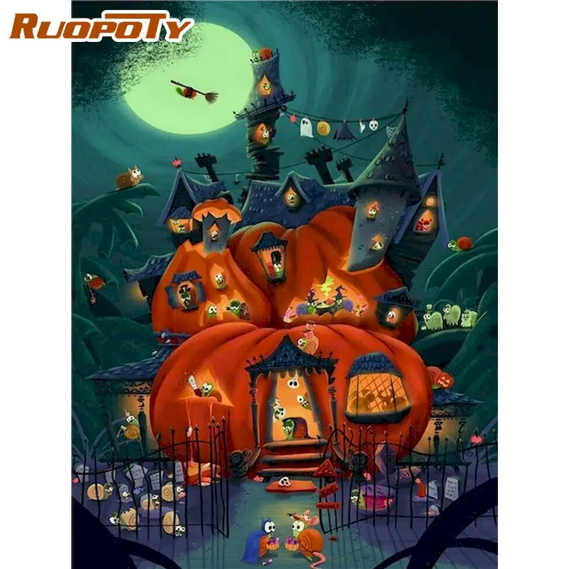 

RUOPOTY Pumpkin House Night Landscape Oil Paint By Numbers Kits Diy Framed Drawing On Canvas Halloween Wall Decor Picture Art