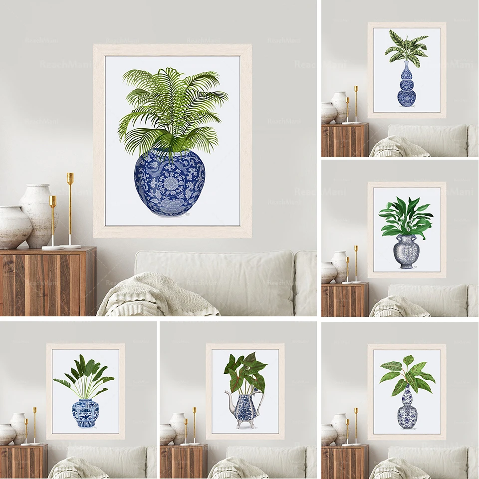 

Ginger jar art print - Chinoiserie Vase 6 With Plant - Palm leaf decor Tropical room art Chinese decorating Floral interiors Blu