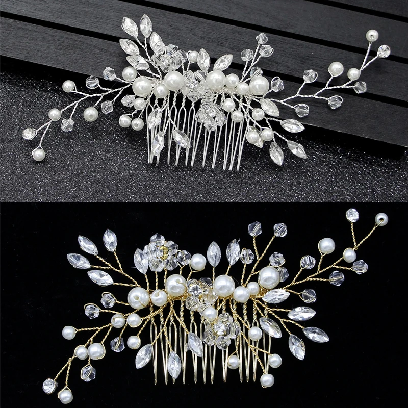 

Bridal Flower Headpiece Silver Color Pearl Crystal Wedding Hair Combs Hair Accessories for Women Bride Hair Ornaments Jewelry