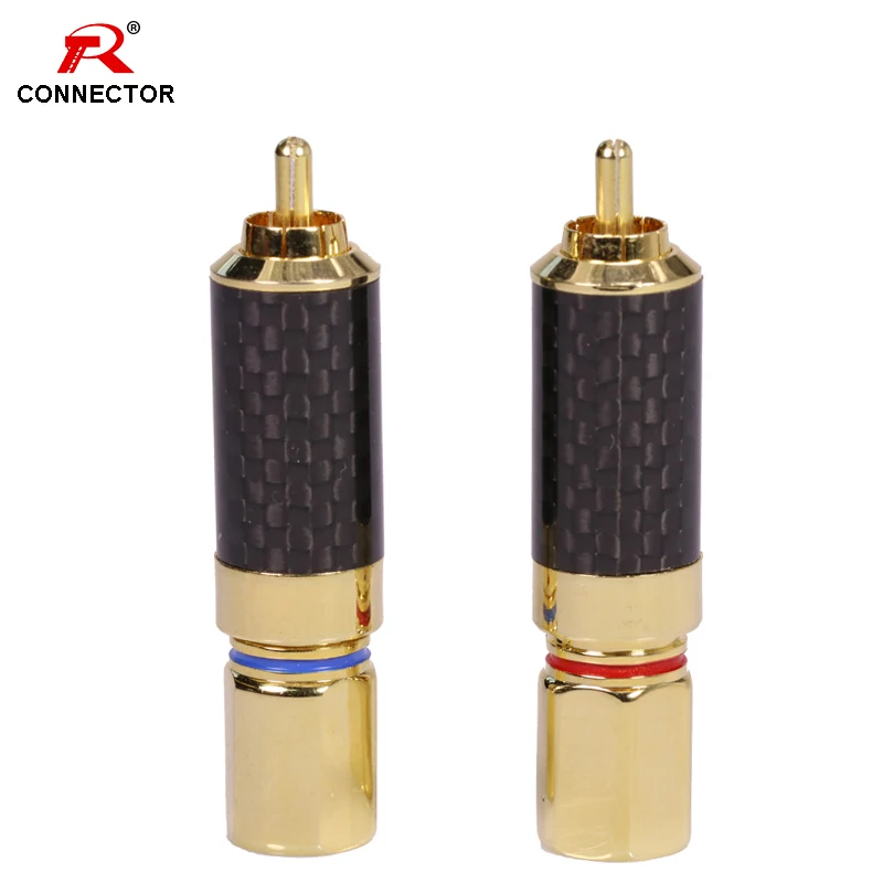 

1Pair Brass RCA HIFI Cable Terminals Connector with Gold Plated Male Plug,RCA Connector with High Quality Carbon Fiber Inlay