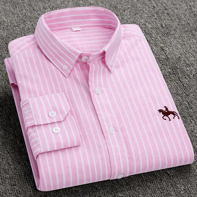 920 Pink Stripe Мужская рубашка в Оксфордском стиле из хлопка размера плюс 4XL, Однотонная рубашка на пуговицах с длинным рукавом высокого качества для деловых мужчин, умная Повседневная рубашка - Цвет: 920 Pink Stripe
