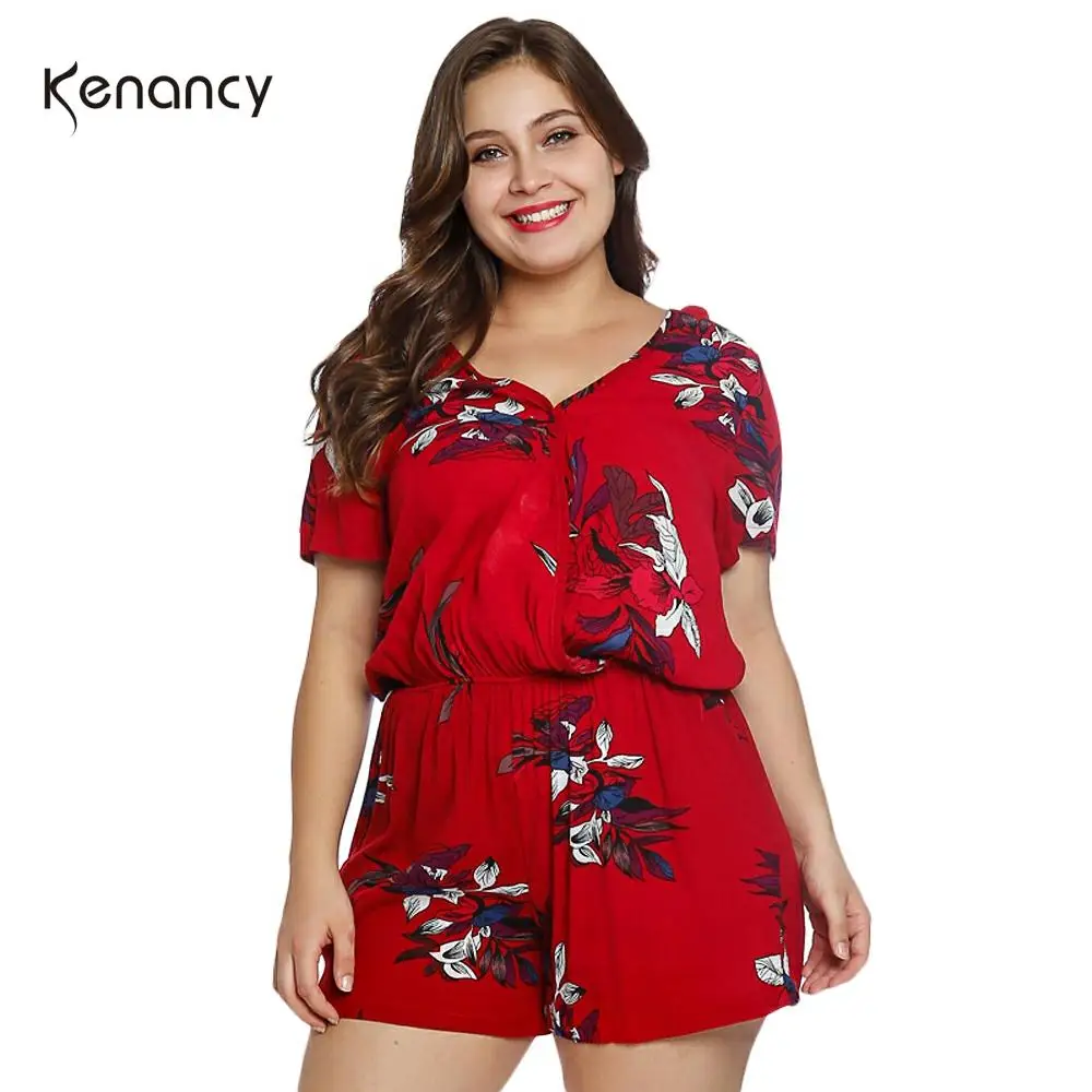 Kenancy женские Комбинезоны Плюс размер цветочный принт комбинезон короткий рукав с