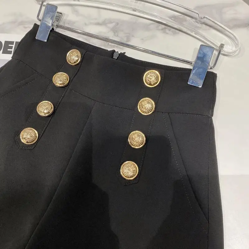 

2021 Summer New Fashion Solid Color Suit Pants Women's Golden Double-Breasted High Waist Wide Leg Shorts Ladies