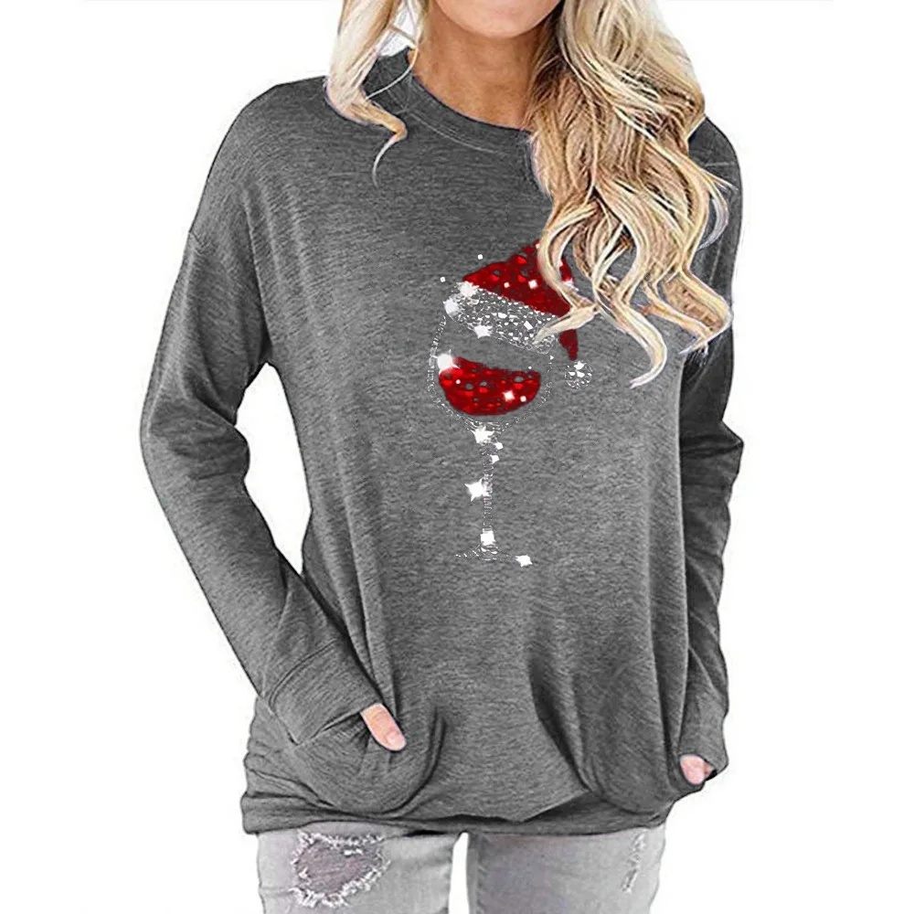 

Carney top wine cup Christmas hat round neck pocket long sleeve T-shirt