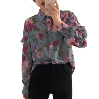 Fall New Arrival Women's Blouses Fashion Floral Print V-Neck Long Sleeve Chiffon Shirt Tops 1