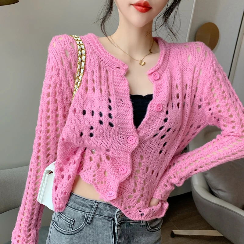 

ZAWAHIKI Hollow Out Autumn Solid Sexy Cardigans Mujer Korean Vintage Thin 2021 Sweaters Women Tops Loose Chaquetas Mujer