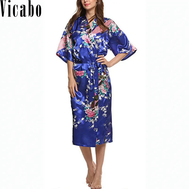 Женское шелковое кимоно в винтажном стиле длинная ночная рубашка с цветочным
