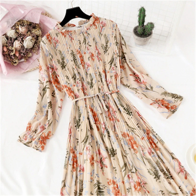 

2022 Spring Summer Print Pleated Chiffon Dress Women Clothing Female Casual Flare Sleeve Lotus leaf neck Basic Dresses b79