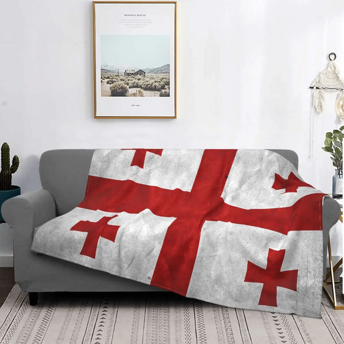 

Georgia Grunge Flag Blankets Flannel Autumn/Winter Red Cross Portable Lightweight Throw Blankets for Bedding Car Plush Quilt