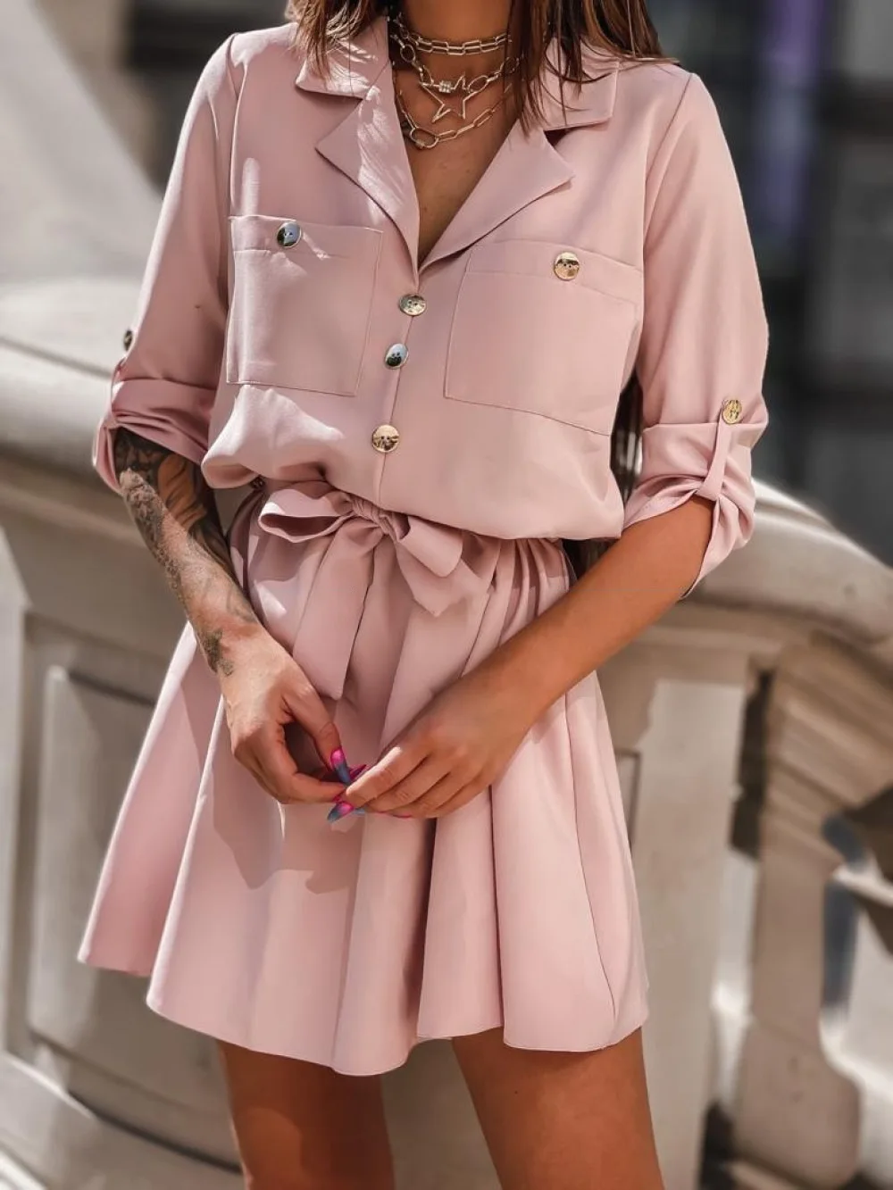 

Donsignet Fashion Women's Dress New Summer Casual Hot Sale Lapel Pullover Pure Color Elegant Button Strap Long-sleeved Dress