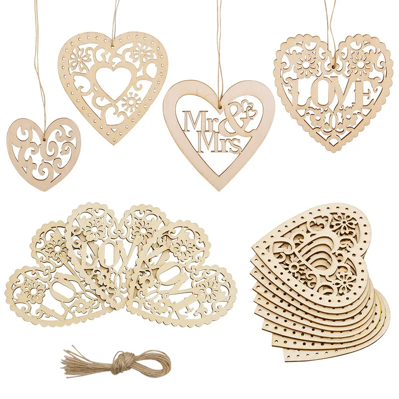 

10pcs Hollow Love Heart Wooden Pendant Ornamet DIY Wedding Party Hanging Decoration Home Decorative Mr Mrs Wooden Heart Craft