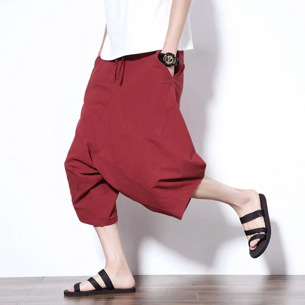 

2021 Summer Casual Men Capri Pants Drop Crotch Solid Color High Waist Pockets Baggy Cropped Trousers Loose Wide Leg Pants