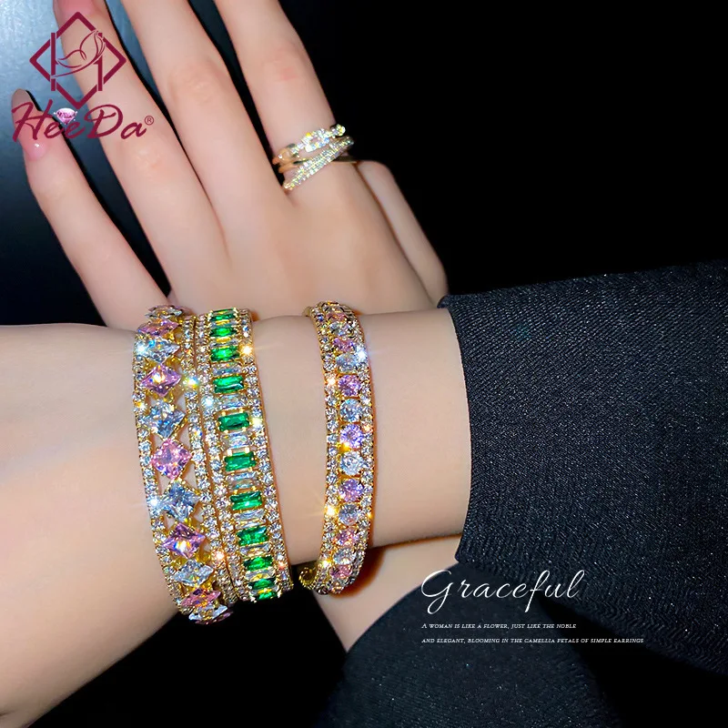 

Women's Shiny Zircon Crystal Bangle 2021 New Fashion Joker Elegant Set Auger Hand Accessories Lady Korean Trendy Pink Bracelet