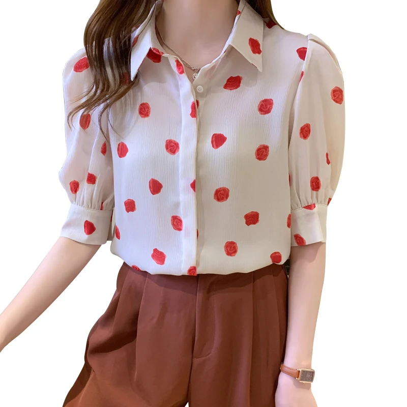 

COIGARSAM Short Shirt Womens tops New Summer Print Chiffon Puff Sleeve Women shirts Design And Color 301