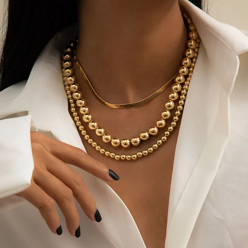 

3Pcs/Set Flat Filmy Snake Chain Beaded Choker Necklaces for Women Men Bohemian Gold Chain Statement Necklaces Jewelry
