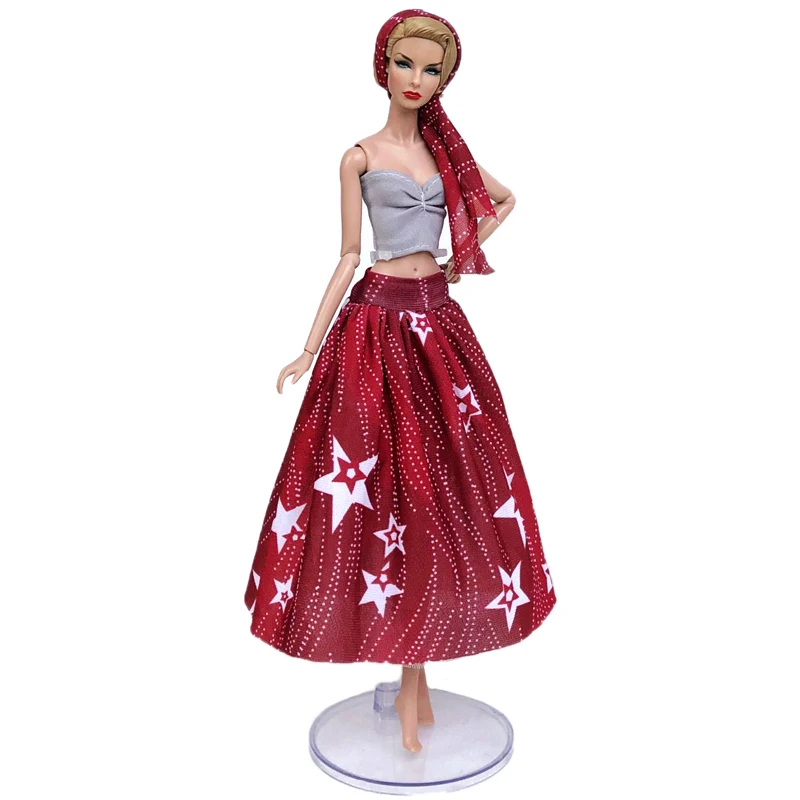 Красное вечернее платье для куклы Барби со звездами серые топы бюстгальтер