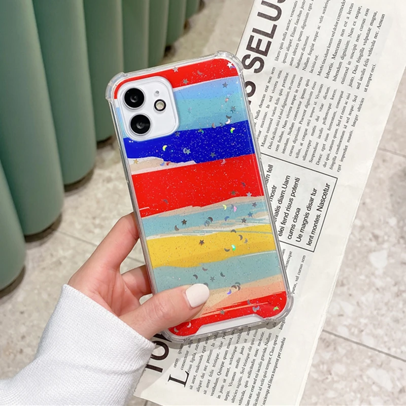 

Rainbow Gradient Flash Shockproof Phone Case For iphone 12 11 Mini Pro Max Straight Side Square For Apple XS X TPU+Pc Back Cover
