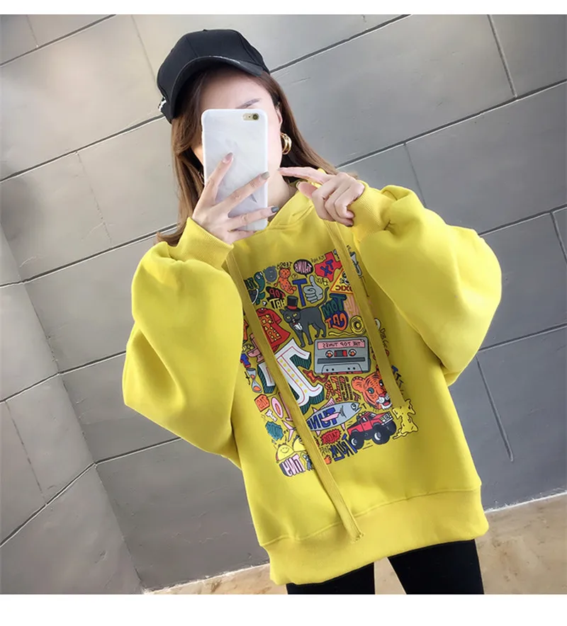 High Street Knit Hooded Letter Lady Fleece Pullovers Ins Style Add Velvet Thick Woman Hoodies Autumn Winter Clothes