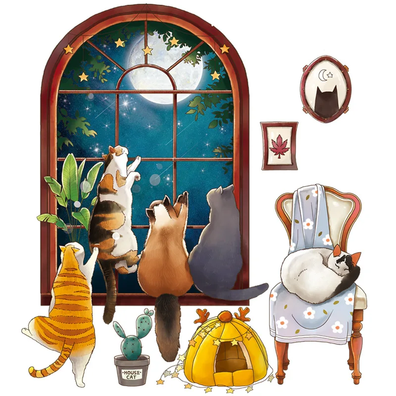 

Cartoon Cats Wall Sticker False Window Home Decor Boy Girl Baby Kids Room Decoration Aesthetic Wallpaper Bedroom Decor Art Mural