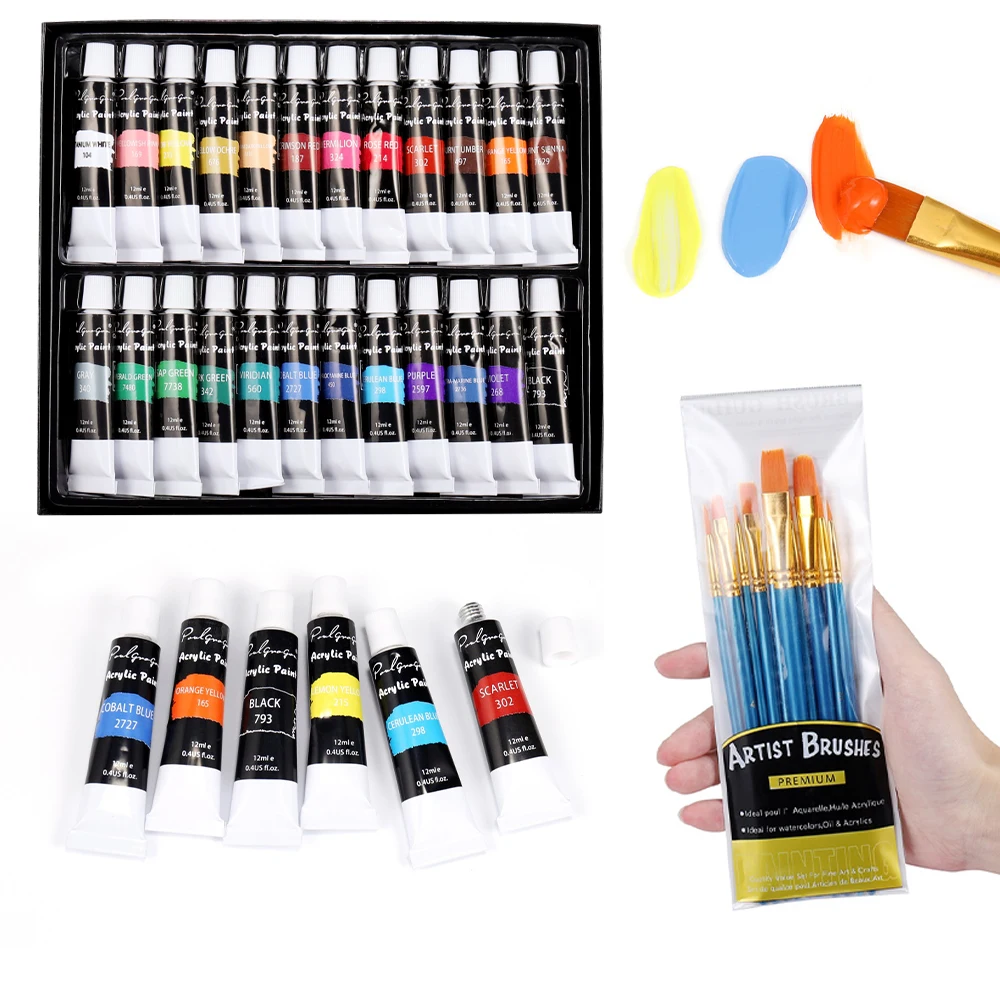 

24 Colors Acrylic Paints Brush Set 12ml Tubes Artist Drawing Painting Pigment for DIY Painting Epoxy Resin Mold Accesscories