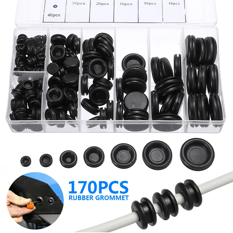 

170pcs 7-25mm Black Closed Seal Ring Grommets Car Electrical Wiring Cable Gasket Kit Rubber Grommet Hole Plug With Plastic Box