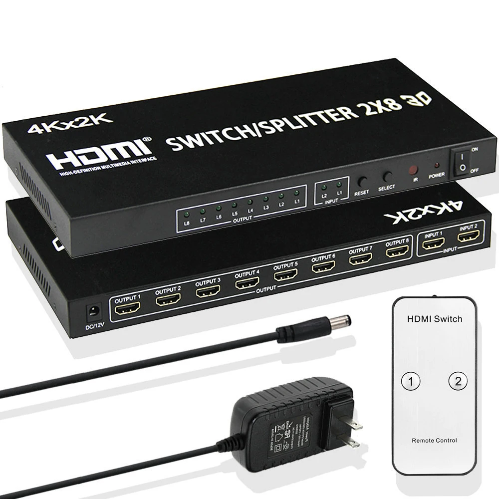 

4K HDMI-Swithcher Splitter 2X8 HDMi 2 in 8 out splitter Switch HDMI 1.4V connects up to 8 HDTVS for LED TV monitor computer ps4