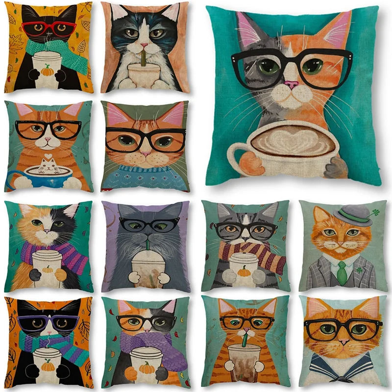 

Cute Cartoon Kitty Avatar Theme Linen Pillowcase Home Chair Sofa Decoration Cushion Cover Living Room Pillowcase