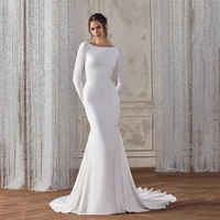 white long sleeve mermaid wedding dress beading custom illusion button back sweep train applique scoop neck plain bridal gown
